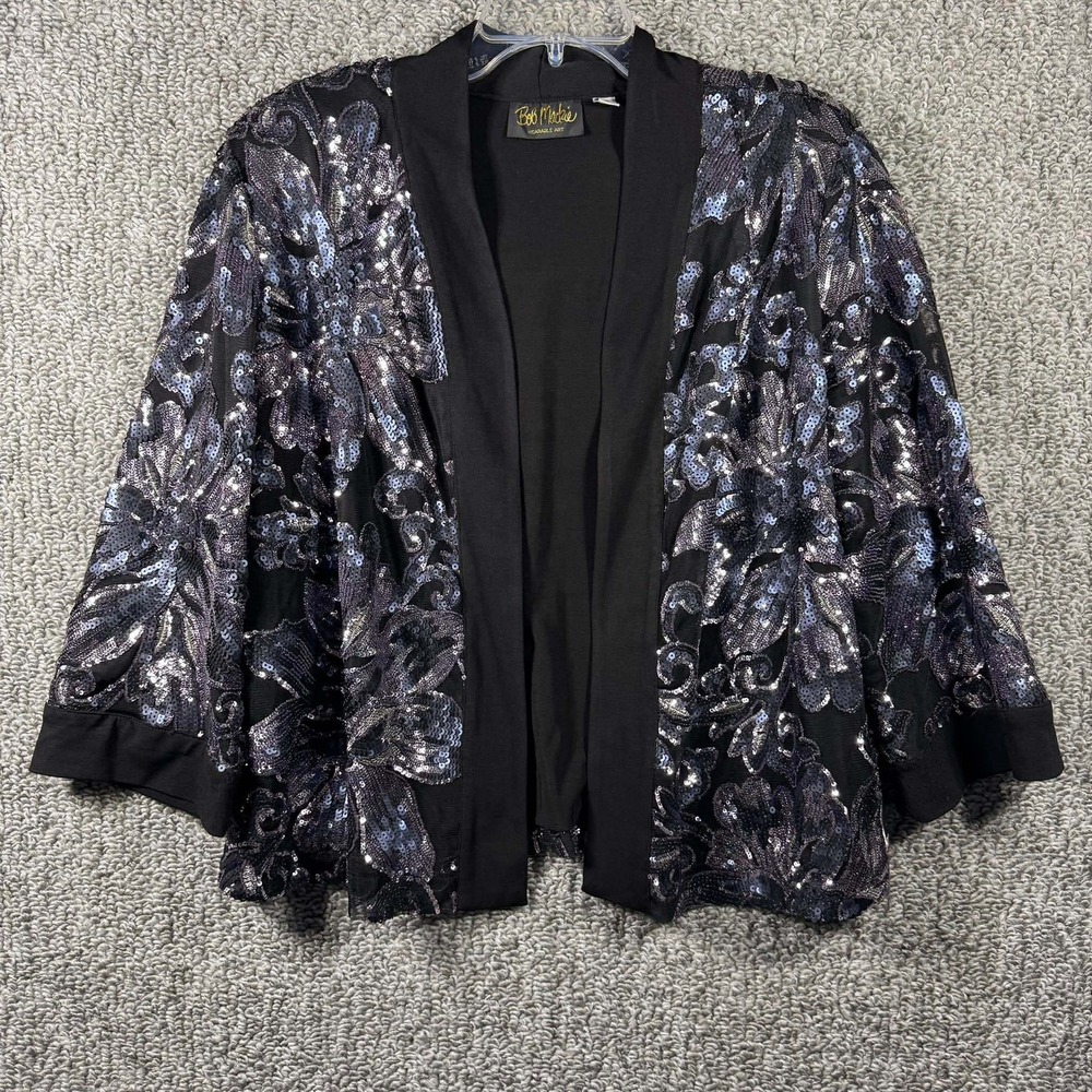 Bob Mackie Cardigan Black Silver Sequin Floral Wearable Art Womens Size‎ M